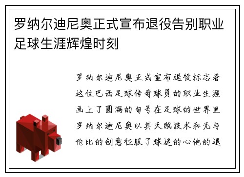 罗纳尔迪尼奥正式宣布退役告别职业足球生涯辉煌时刻